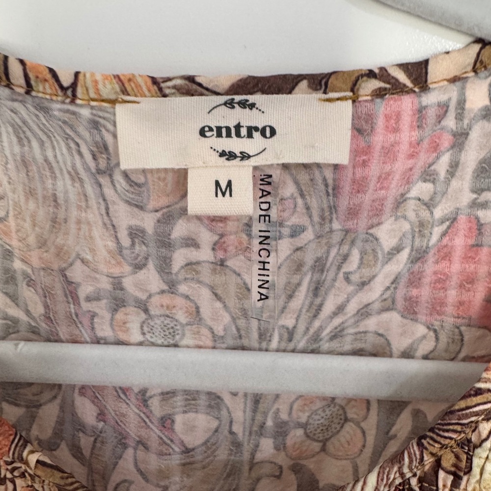 Entro Floral Smocked Mini Dress Long Sleeve Boho Tan Red Brown D21560 Womens M - Picture 4 of 9